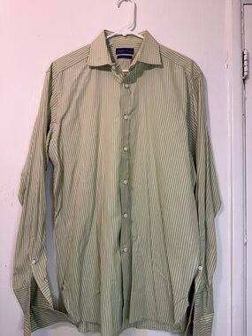 Ralph Lauren Purple Label Green Stripe 100% Cotton Shirt Made in Italy Size 16 L